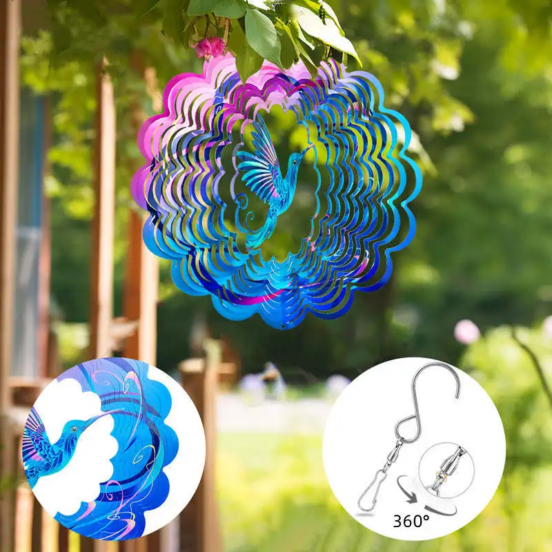 

Wind Spinners Hummingbird Hanging Outdoor Garden Decor 3D Metal Sculptures Birds Kinetic Wind Chime Catcher for Yard Ornament
