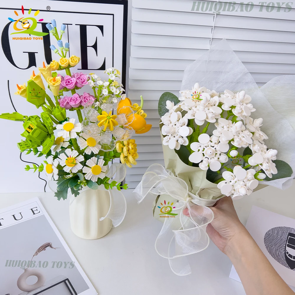 HUIQIBAO MOC Bridal Bouquet Building Blocks Set Artificial Flowers for Home Decor New Year Festival Gift Bricks Kits Toys Adult