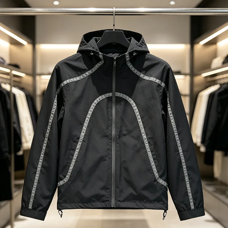 2026 New Mertre Unisex Hooded Windbreaker Reflective Stripe Splicing Zip Up Oversized Street Outdoor Jacket