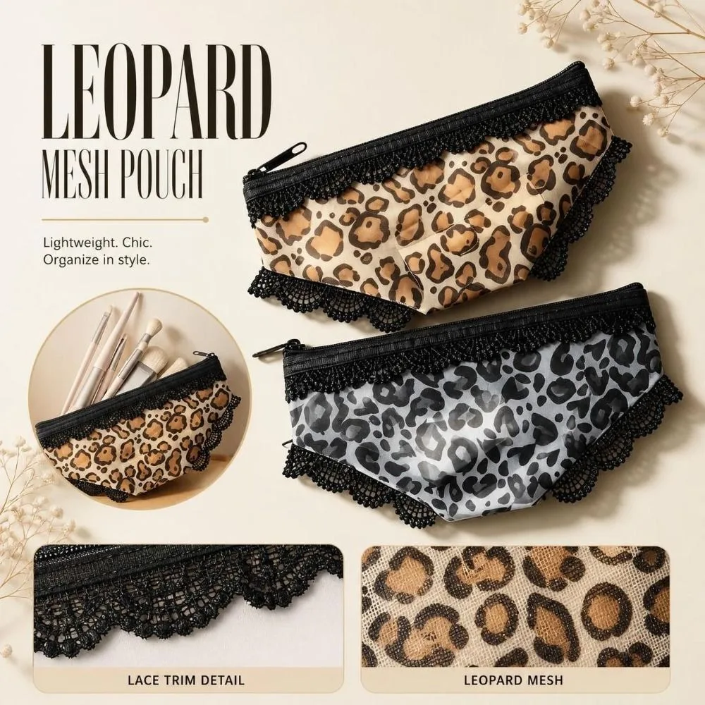 Leopard Print Panties Shaped Makeup Pouch Zippered Portable Mesh Cosmetic Bag Lightweight Lace Trimmed Storage Pouch Daily Use