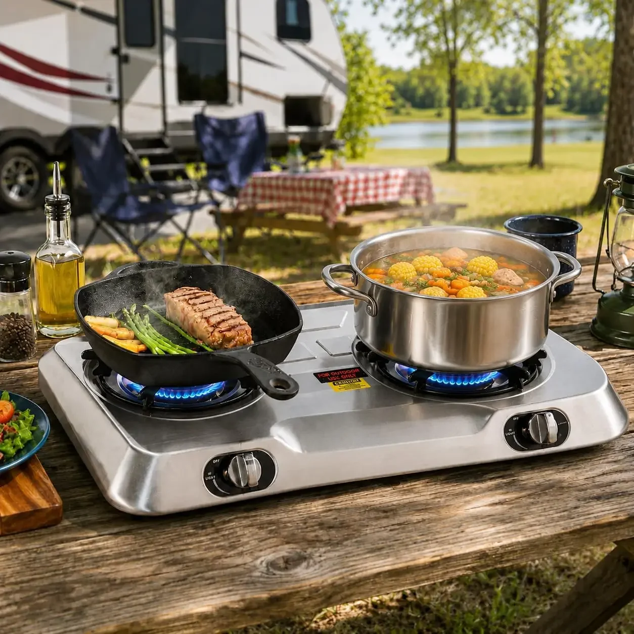 Double Burner Propane Stove, 25,516 BTU Outdoor Camping Cooktop with Auto Ignition, Portable Stainless Steel LPG Gas Stove