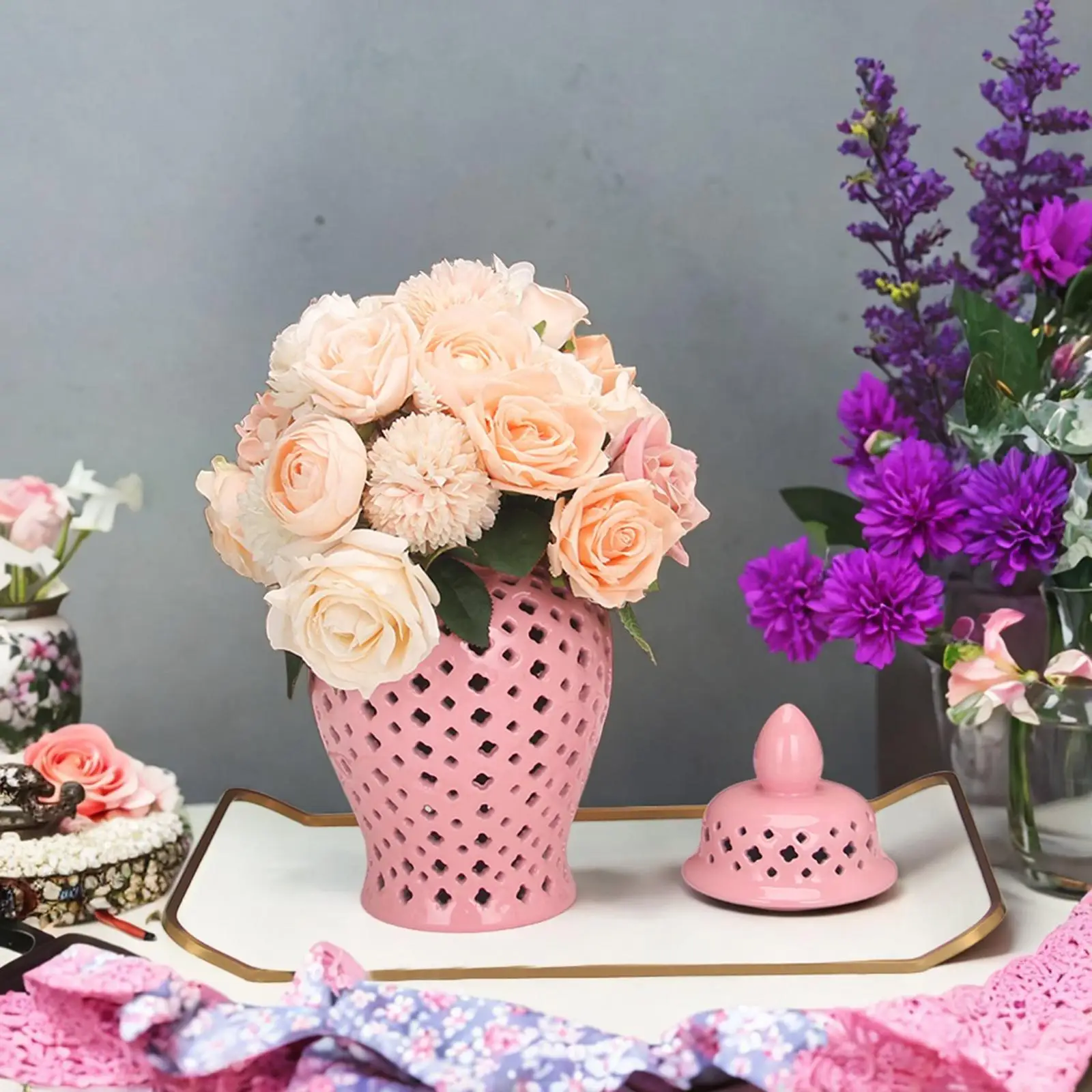 Porcelain Ginger Jar Hollow Out Decorative Ceramic Vase with Lid Table Ornament for Living Room Floral Arrangement