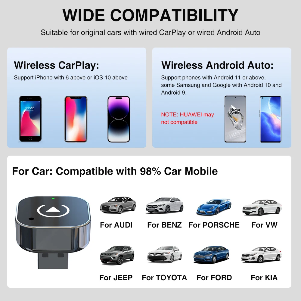 محول Carplay اللاسلكي لنظام Android iPhone Auto 2 in1 سلكي إلى صندوق AI اللاسلكي اتصال USB لفولفو بنز Mg كيا شيري VW