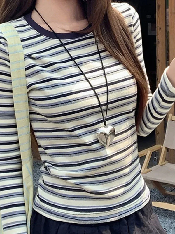 Autumn Winter Women's Long Sleeve Thin T-Shirt Casual Versatile Inner Wear Shirt Design Sense Slim Fit Striped Print Top