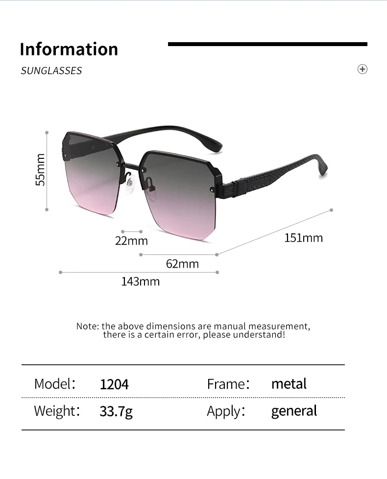 Neue modische Metall-Sonnenbrille mit übergroßem Rahmen, Unisex, Premium, trendig, vielseitig, quadratischer Rahmen, Sonnenbrille 1204 – Detail 11