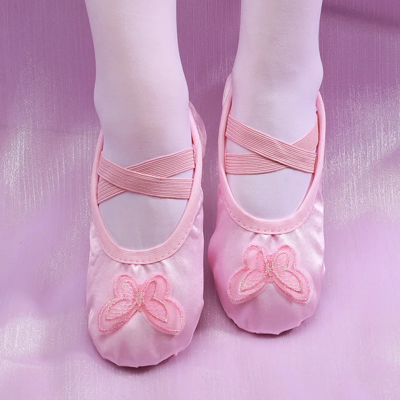 New Satin Dance Shoes for Children, Stage Performance Ballet Shoes, Double-Layer Butterfly Design, Girls' Fitness Cat-Claw Style
