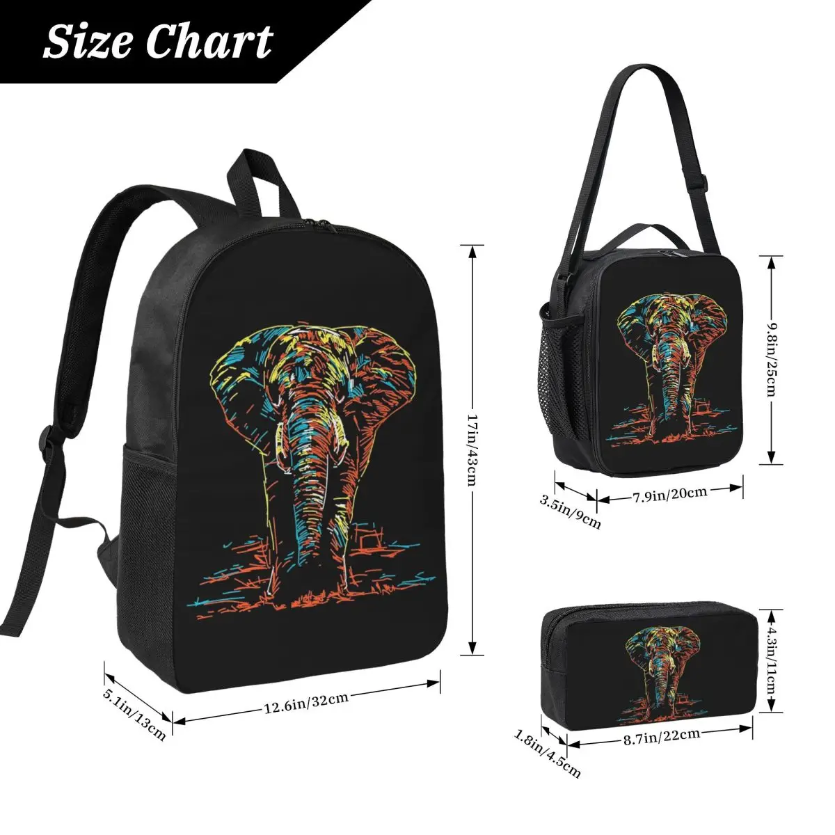 Colourful Abstract Elephant Neon Backpack BookBag School Bag Laptop Shoulder Bags 3ps Insulated Lunch Bag Pencil Case
