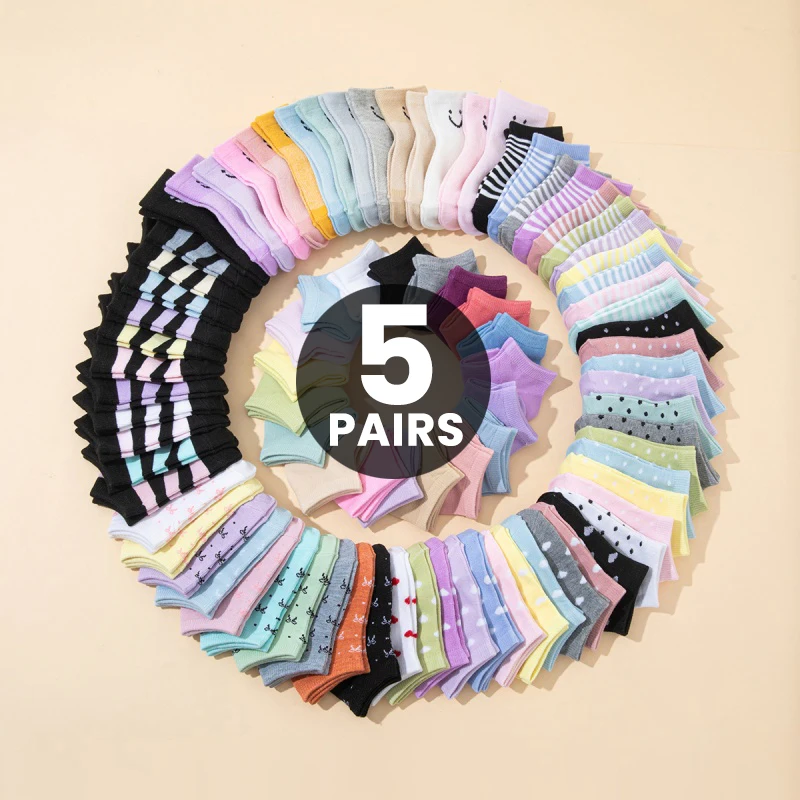 

5Pairs Kids Candy Color Short Socks Cute Smile Face Striped Polka Dot Printed Ankle Socks Summer Breathable Socks for Girls
