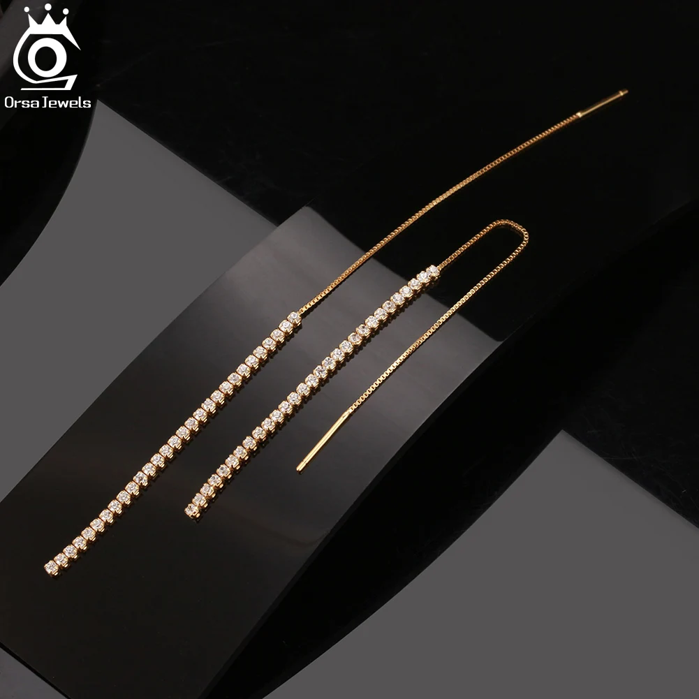 ORSA JEWELS 925 Silver Minimalism Dangle Long Chains Earrings for Women Vintage Cubic Zircon Drop Earings Jewelry Gifts SE111