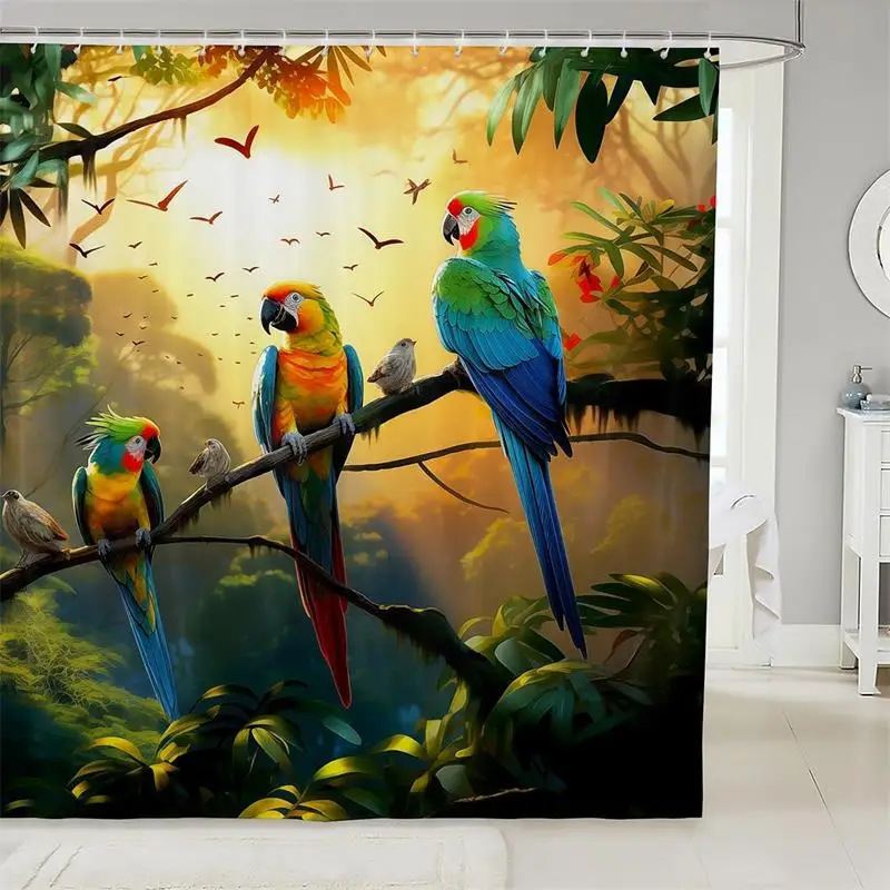 Parrot Shower Curtains Tropical Jungle Green Leaves Plant Branch Birds Nature Landscape Bath Curtain Polyester Bathroom Decor