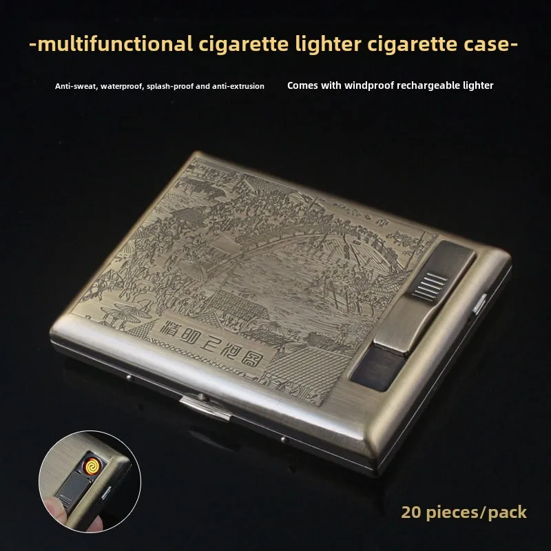 Bronze Flower Multifunctional Cigarette Case Cigarette Lighter with USB Charging, 20 Pack Wholesale Lighters Smoking