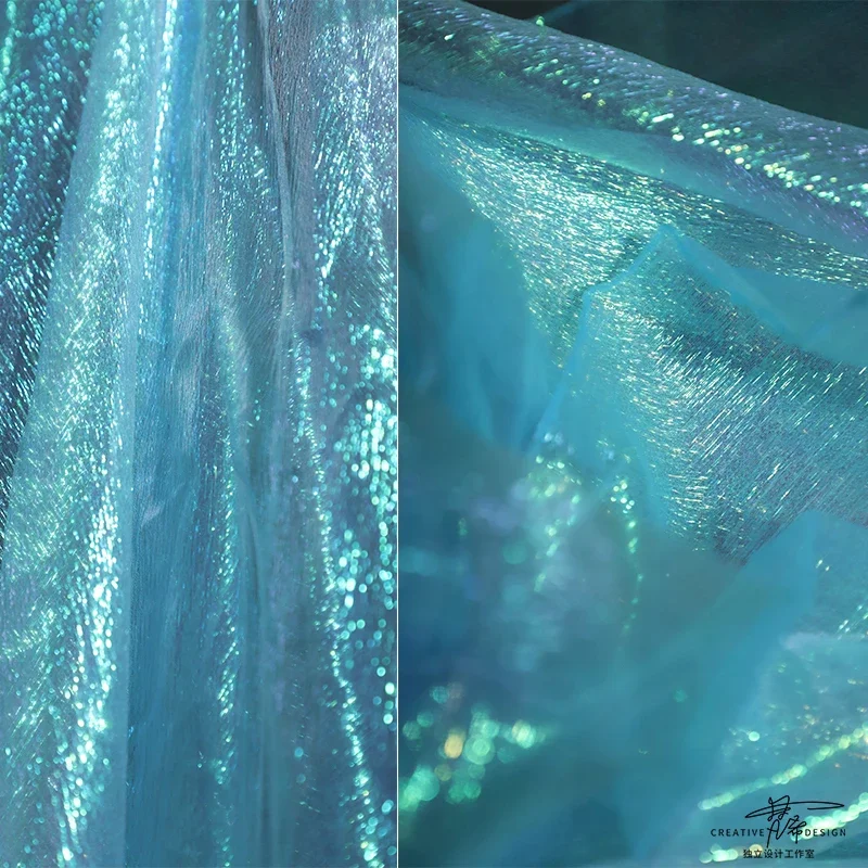 Pleated Mesh Fabric Soft Thin Mint Blue Crystal Perspective Fluffy Skirt Wedding Dress Designer for Clothing Diy Sewing