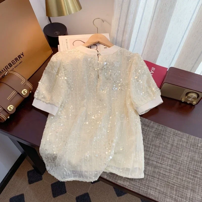 Temperament Sequines Chiffon Shirt Mujer 2024 New Summer Clothes French Women's Bow Strap Short Bubble Sleeve Blouse Female Top