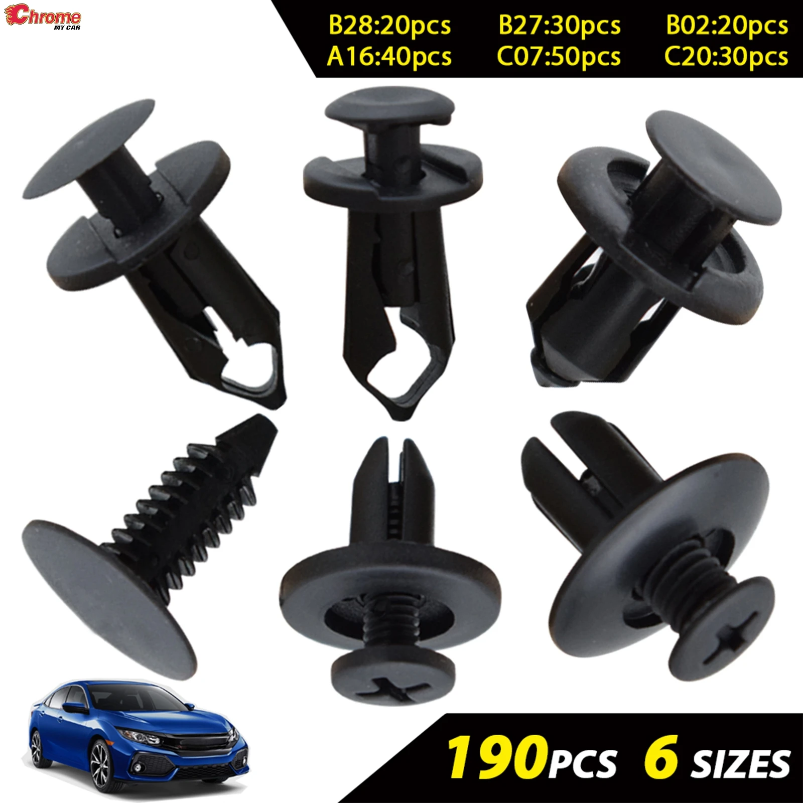 190PCS Universal Auto Fastener Clips Plastic Rivets 6 Sizes Car Push Pin Rivet Trim Clip Bumper Fender Door Panel Retainer Kit