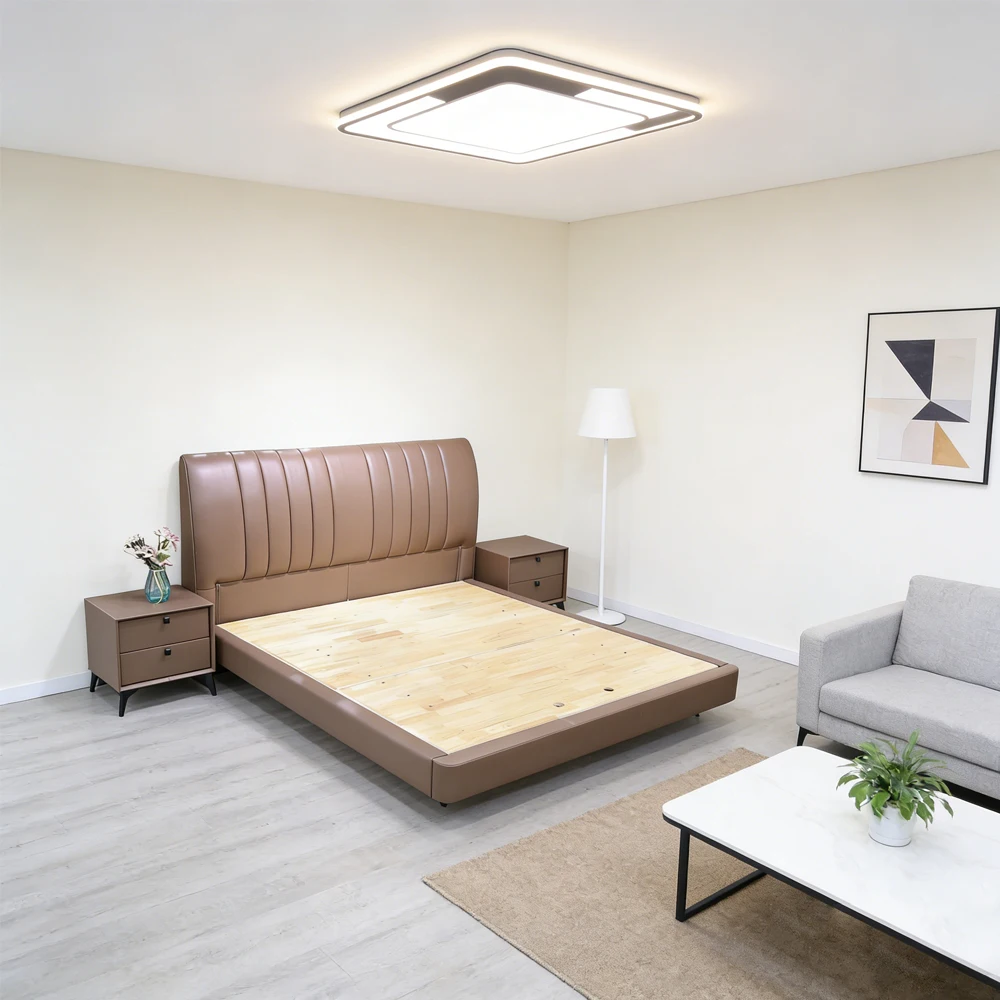 Modern Nordic Solid Wooden Frame Synthetic Leather Customize Color Bed Frame for Bedroompromote sales