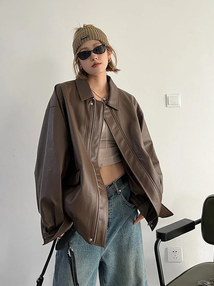 جاكيت نسائي من الجلد الصناعي ، معطف بني للدراجات النارية ، ملابس خروج كورية فضفاضة للشارع ، ربيع وخريف للإناث ، جديد ، عتيق ،