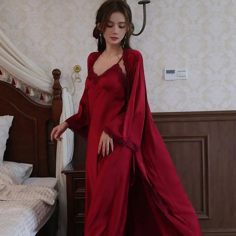 Female Long Kimono Bathrobe Gown Sexy Burgundy Lace Trim Wedding Robe Nightgown Set Loose Casual Satin Home Dress Lounge Wear