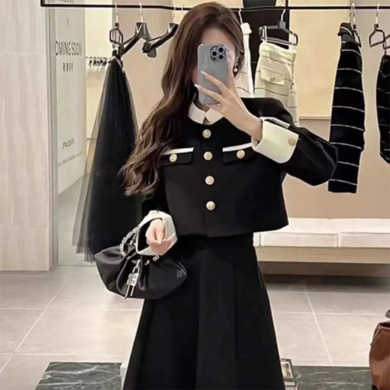 Elegant Fashion Harajuku Slim Fit Women's Clothing Loose Casual All Match Stand Collar Outerwear Solid Skirts Two Piece Set