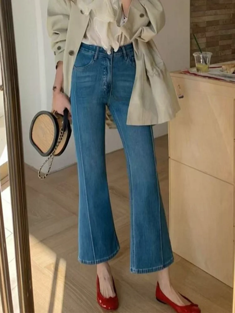 

Blue High Waist Bell Bottom Jeans Women's Spring New Large Size Elastic Slimming Nine Point Flared Pants Casual Wear