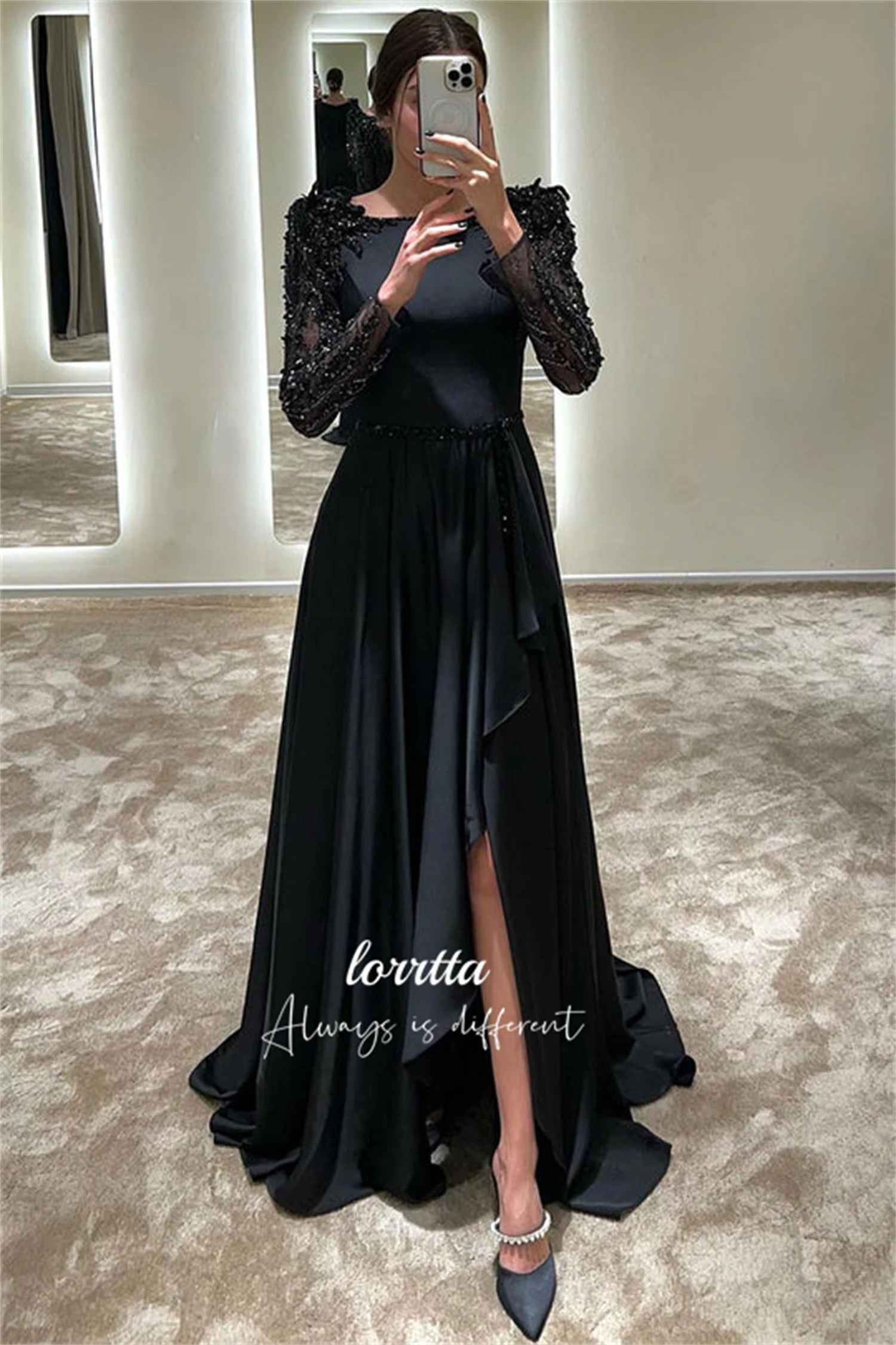 Luxuoso vestido de noite cetim preto elegante grânulo bordado decoração vestidos internacionais com mangas compridas formal personalizado