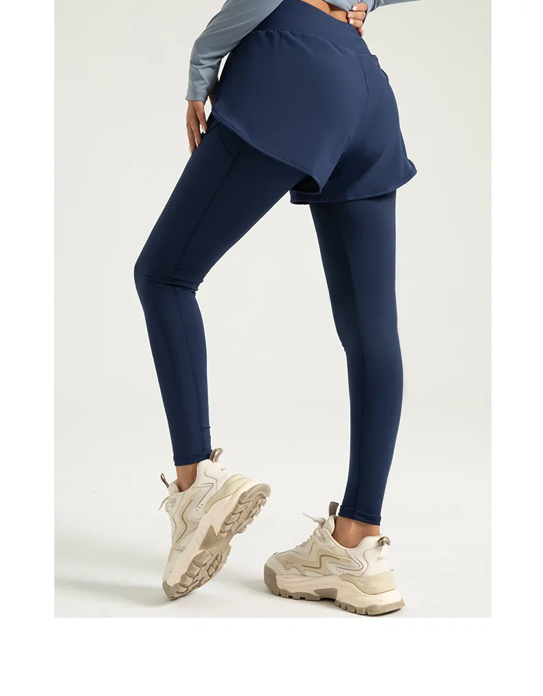 가짜 투피스 요가 팬츠 여성용 하이웨이스트 뱃살 보정 힙업 운동 레깅스 포켓 포함 신축성 있는 스포츠 카프리