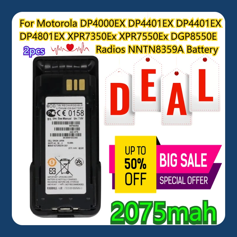 

For Motorola DP4000EX DP4401EX DP4401EX DP4801EX XPR7350Ex XPR7550Ex DGP8550E Radios NNTN8359A Battery 2pcs