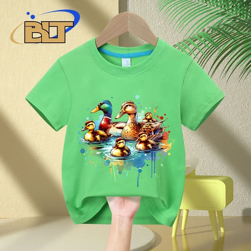 Camiseta infantil de algodão de manga curta, pato aquarela, estampa familiar, tops casuais para meninos e meninas, verão