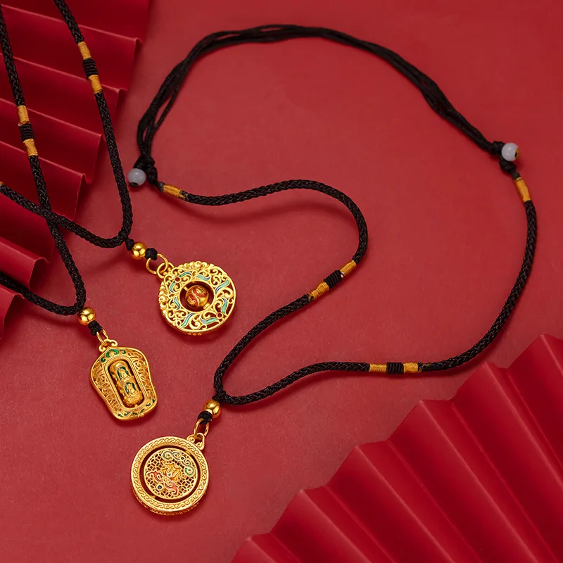 9999 Real Gold 24K Retro Burnt Blue Pendant Gold Ethnic Burnt Blue Rotating Fuzi Guanyin Xiangyun Necklace for Men and Women