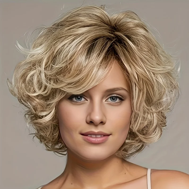 Women's short curly hair wig made beige mixed with gold synthetic fiber, suitable women's daily outings role-playing Halloween