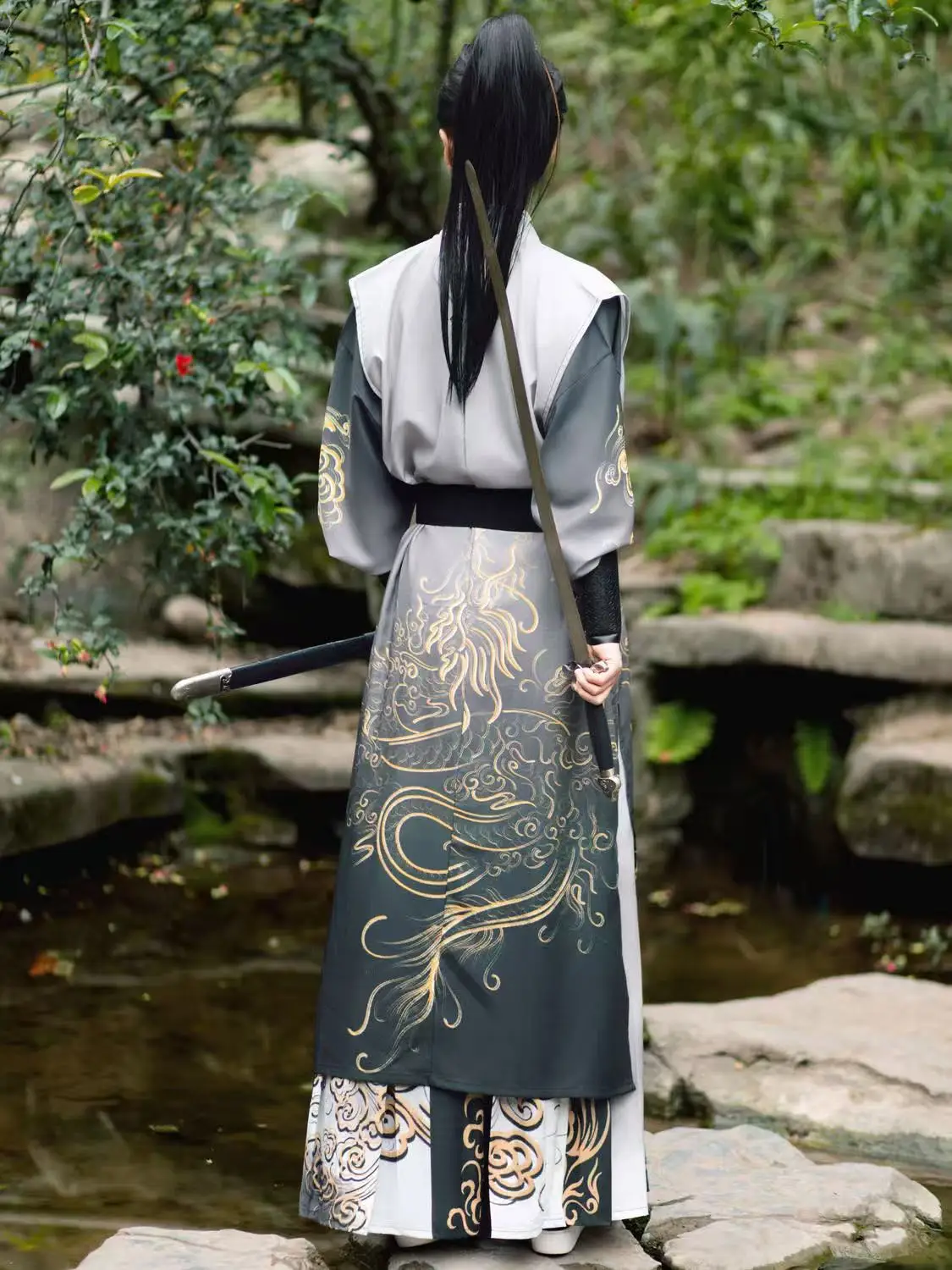 التنين الصيني الطباعة Hanfu الرجال التقليدية Beizi تنورة سلالة سونغ التقليدية المبارز تأثيري المرحلة البدلة المراهقين