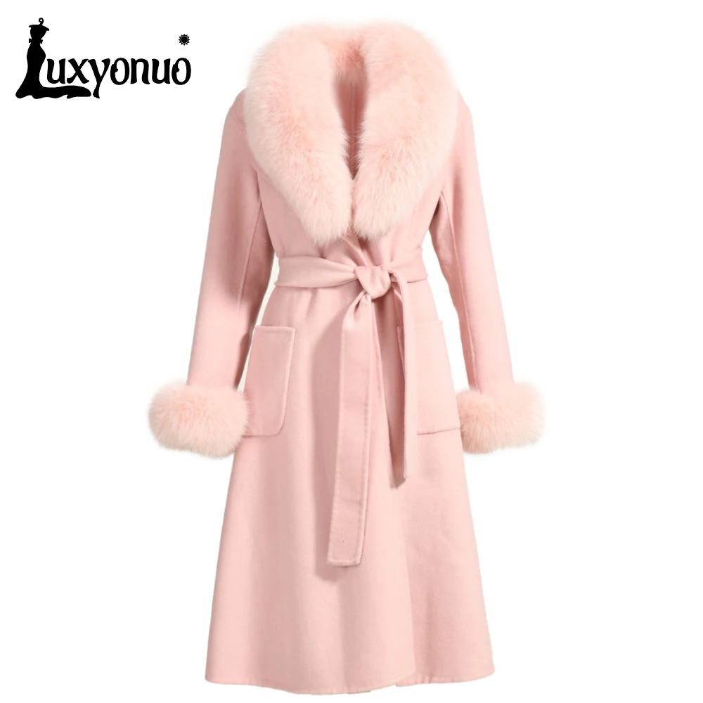 

Luxyonuo Women's Cashmere Wool Coat Fall Winter Fashion Belt Slim Woolen Trench Long Jacket Real Fox Fur Collar Outerwear Female