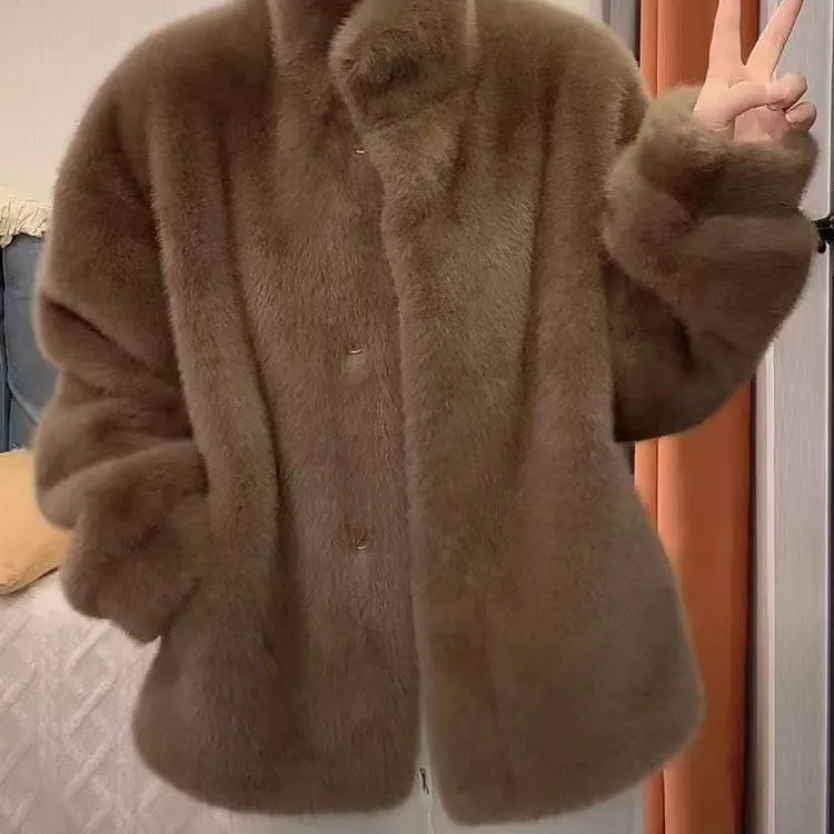 Mink fur Stand collar Warm Jacket 2026 Autumn Winter New Fashion Loose Fur one-piece Short Coat Women's Faux Fur Outwear tops