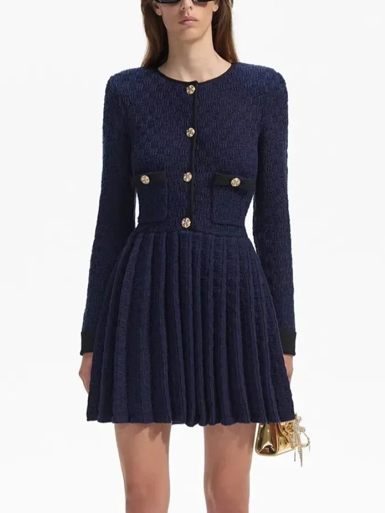 

Women Dark Blue Dress Plaid O-Neck Long Sleeve Single Breasted Vintage Knitted Mini Robe