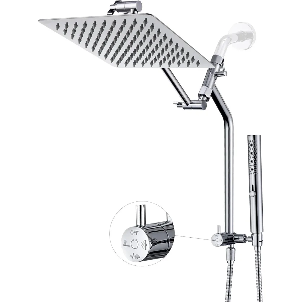 

All Metal Rain Shower Head Combo with Massage Mode and 13.5 Inch Diverter, Low Handheld Holder