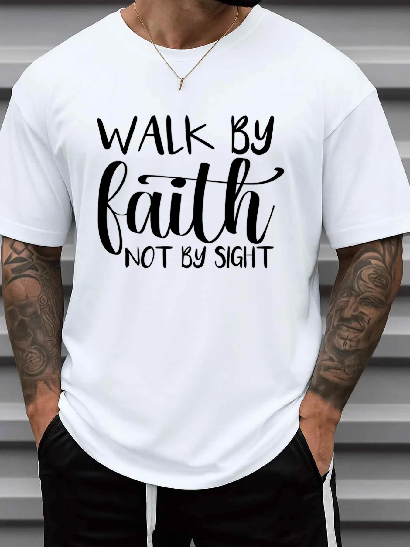 Men's Faith Walk T-Shirt with God Pattern - 180g Heavy White Christian Faith Shirt with 