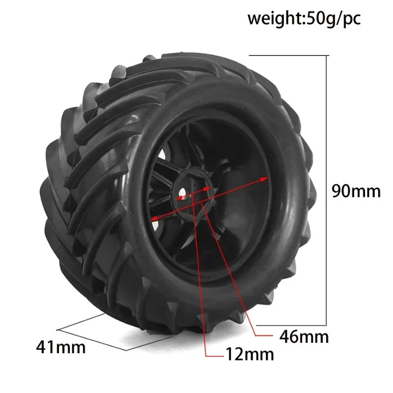 Monster Truck Bumosquito Tires Wheel, 90mm Hex, 12mm, Trxs E-Revo MJX 16207 16208 SCY 16101 HBX 1/16 RC Car Upgrade Parts, 4PCs