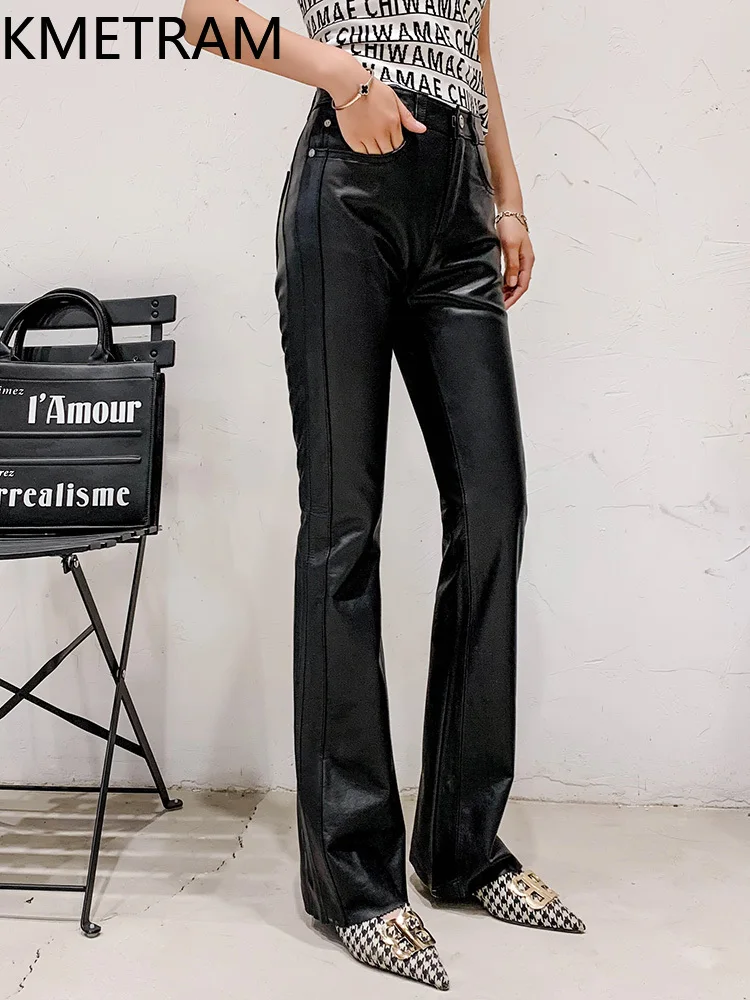 KMETRAM 100% toplaag van koeienhuid damesbroek herfst 2025, slanke flare broek, lederen broek, dameskleding,...