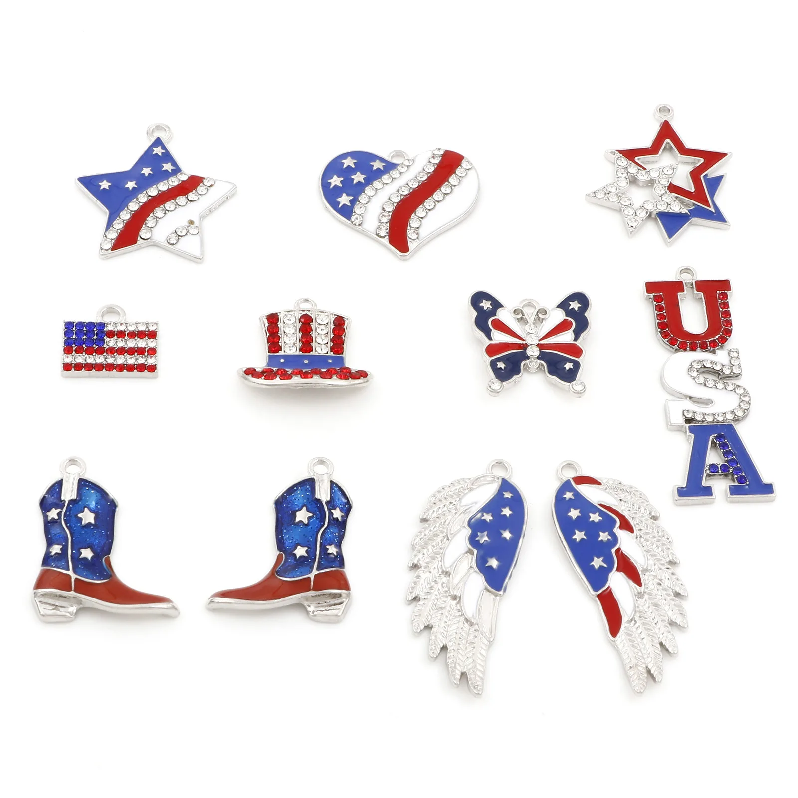 5PC USA Flag Hat Wing Charms For Jewelry Making Enamel Inlaid  Rhinestone American Independence Pendant DIY Necklace Findings