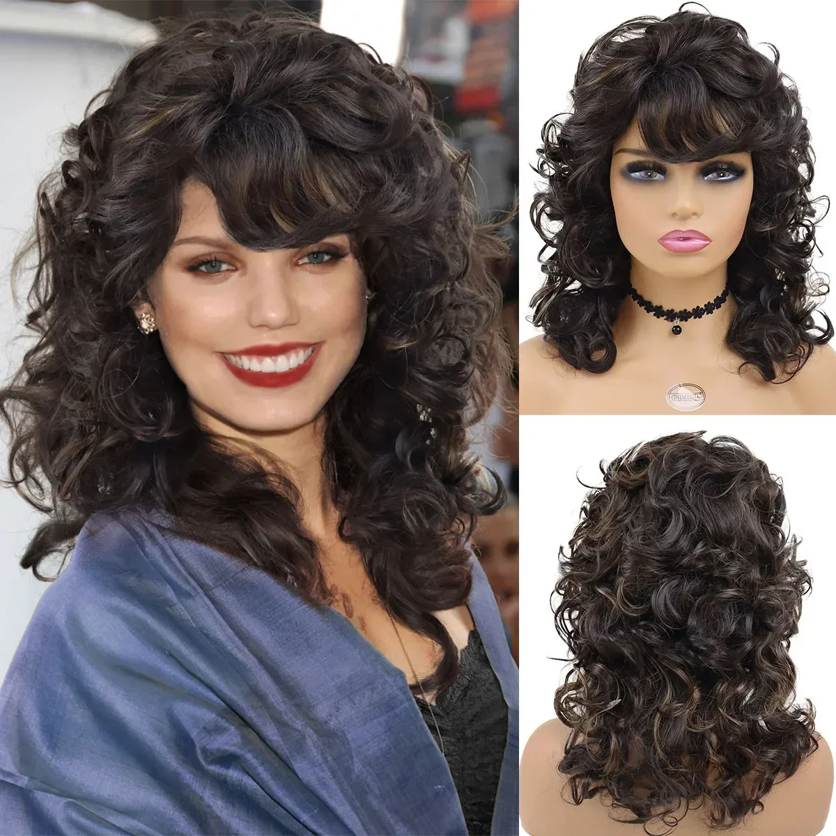 GNIMEGIL Synthetic Wigs for Black Women with Curly Texture and Bangs Brown Highlighted Regular Wig Natural Hairstyle Fluffy Hair