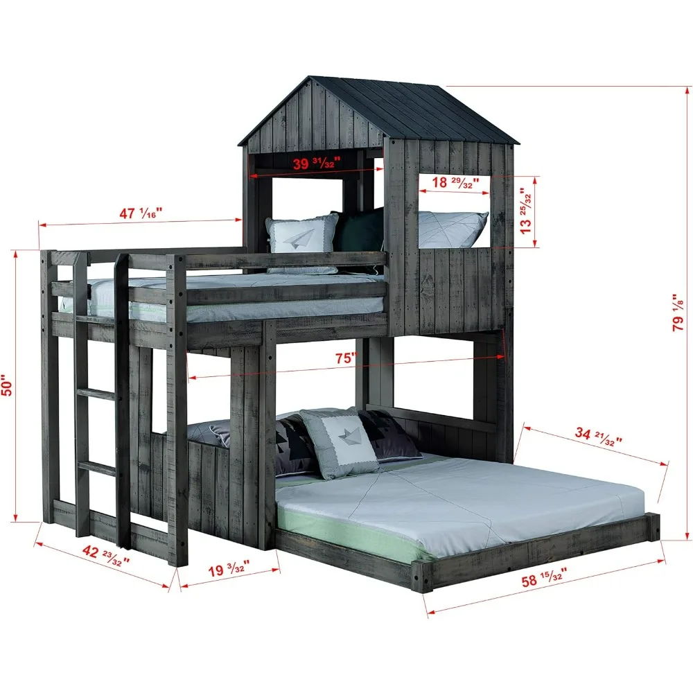 Kinder Campingplatz Kabine Twin über vollem Hochbett in rustikalem schmutzigem grauem Finish, einfach zu montieren, Kiefernholz konstruktion mit ungiftigen