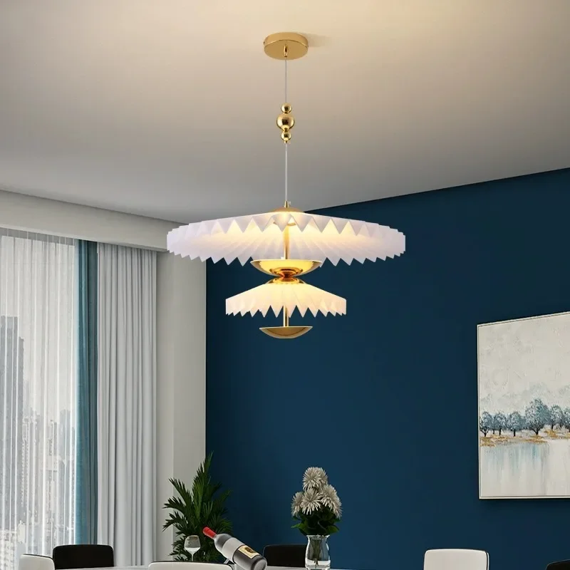 

Designer Flying Saucer LED Pendant Lamp Warm Pleated Folding Cream Style Chandelier for Bedroom Dining Room Bar Lighting Fixture