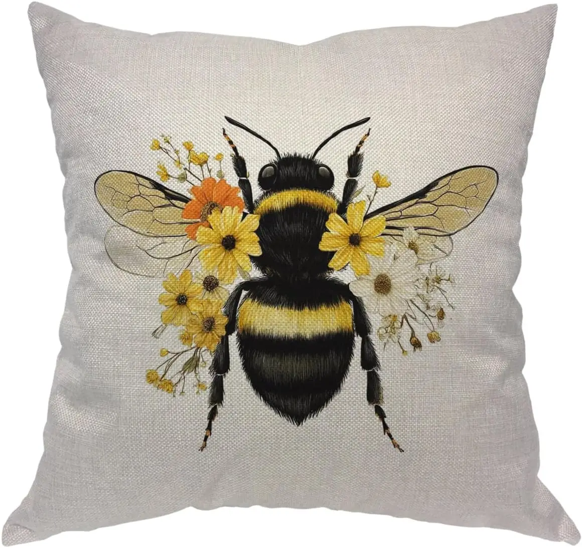 Animal Insect Bee with Wings Double Sided Throw Pillow Cover Yellow Flower Decorative Case for Couch Sofa Bed Home and Room