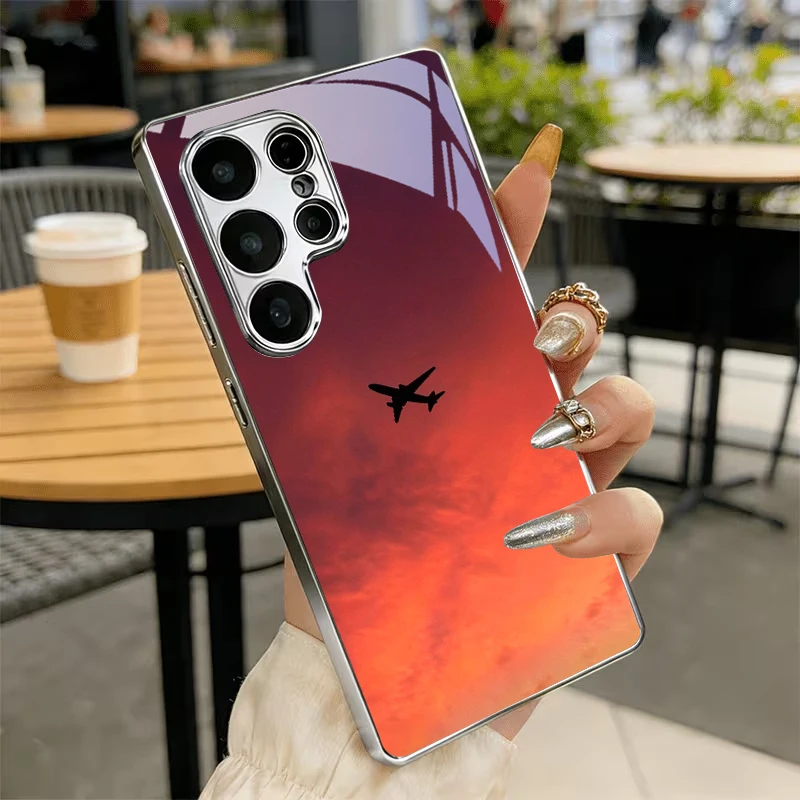Sunset Travel Plane Electroplated Silver Phone Case For Samsung S23 Plus S22 Ultra S21 S20 FE S24 S25 S26 Note 10 20 Glass Cover