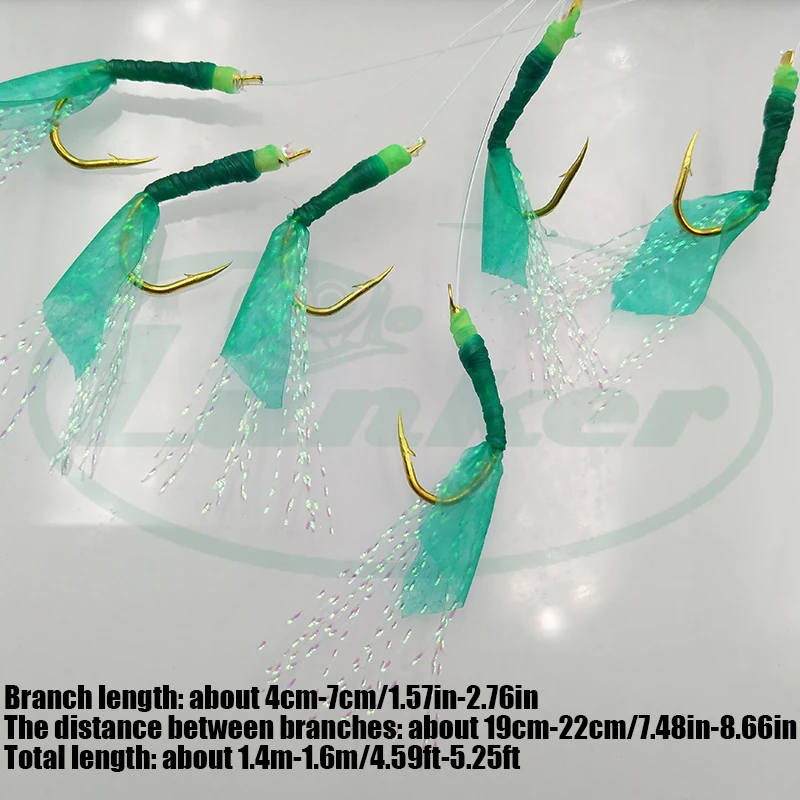 Lunker Sabiki Rig Green Rubber Hooks with Thread Flasher Lumo Glow Coating