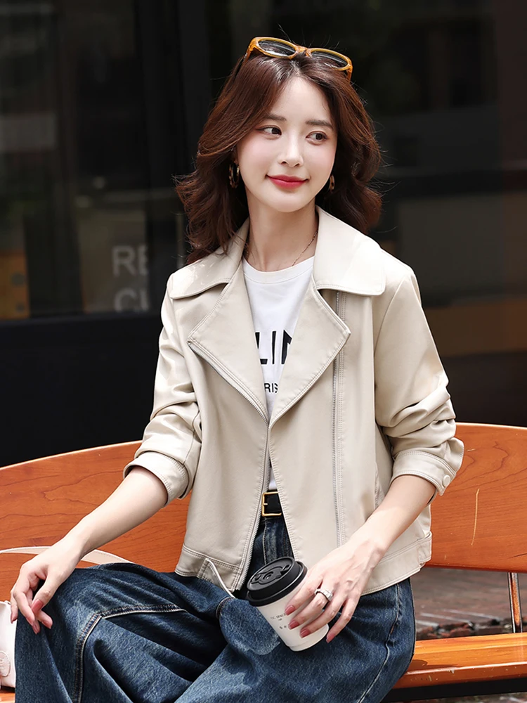Spring 2026 Women's Slim Fit Leather Jacket Short Biker Style Korean Version Sheepskin Genuine Leather Coat Small Outerwear