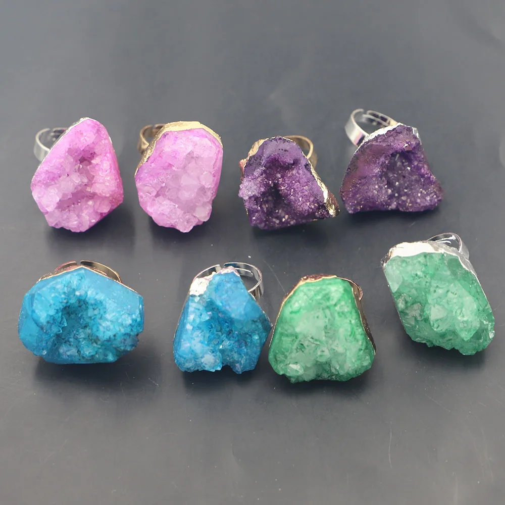 

Natural Stone Druzy Crystal Irregular Ring Adjustable Open Finger Ring Gold Plated Ring Party Wedding Drusy Fashion Jewelry Gift
