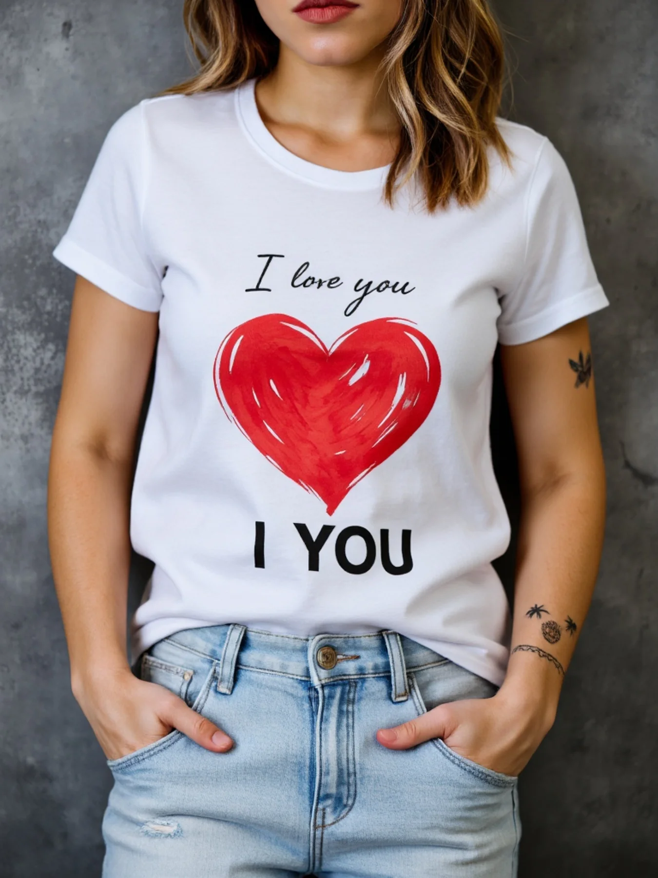 

Women'S White T-Shirt with Red Heart Print "I Love You" Graphic Harajuku Sleeve Casual Clothing Street Tops Aesthetic Clothes