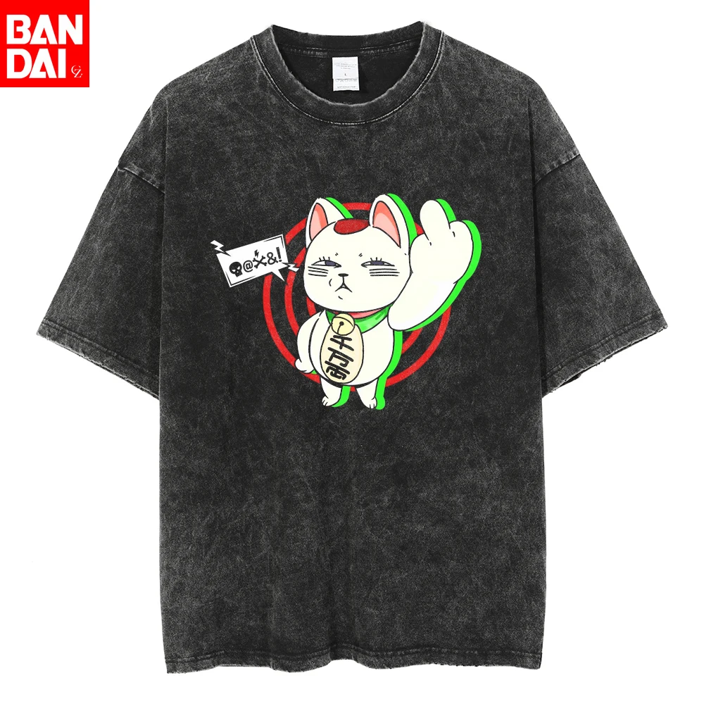 Dandadan Turbo Granny Lucky Cat Middle Finger Washed T-Shirt Herren Vintage Harajuku Streetwear Oversized Kurzarm Manga Tops