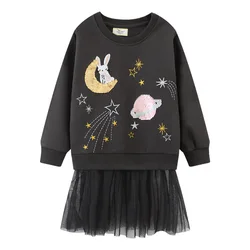 Jumping Meters 2-7T Hot Selling Princess Girls Dresses Moon Bunny Stars Mesh For Autumn Spring Long Sleeve Children's Clothes