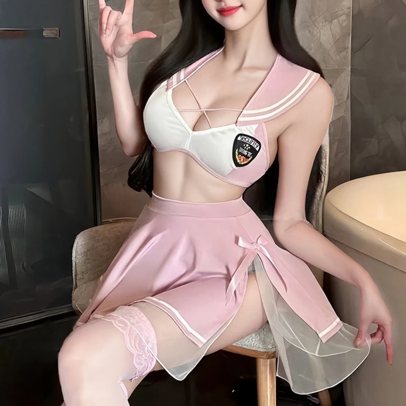 

Women's Sexy Officer Uniform Temptation Cosplay Sailor Collar Backless Top Cute Bow Miniskirt Role-playing Policewoman Costumes